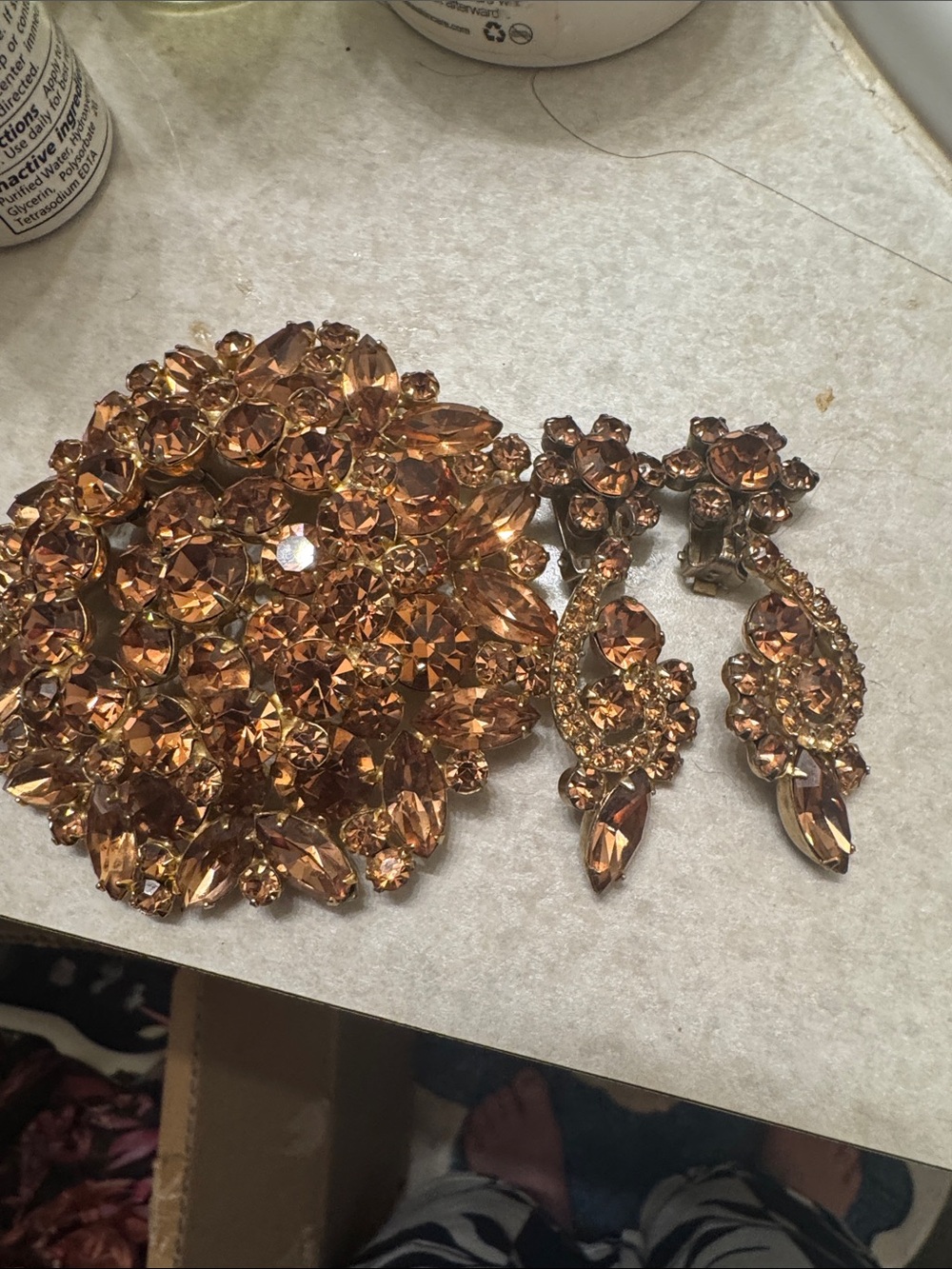 Vintage Crystal Cluster Brooch and Drop Earring Set in pink clip paddle back